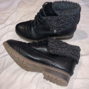Plaid and black cloth leather boots